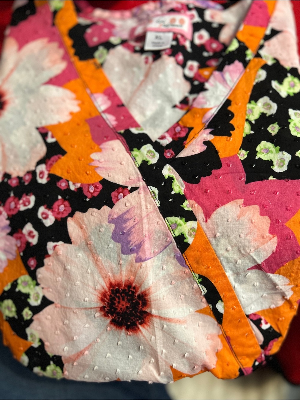 V-Neck Floral Dot-Texture Blouse - Pink, Orange, Black